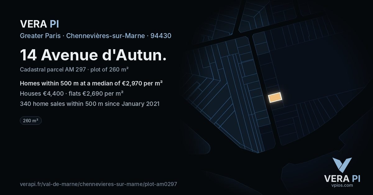 14 Avenue d'Autun, Chennevières-sur-Marne at night – the plot lit, the parcels around coloured by the prices near them