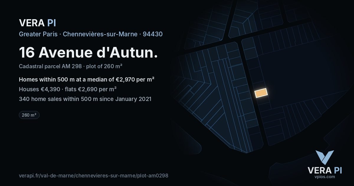 16 Avenue d'Autun, Chennevières-sur-Marne at night – the plot lit, the parcels around coloured by the prices near them