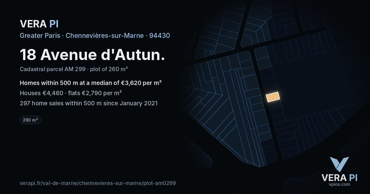 18 Avenue d'Autun, Chennevières-sur-Marne at night – the plot lit, the parcels around coloured by the prices near them