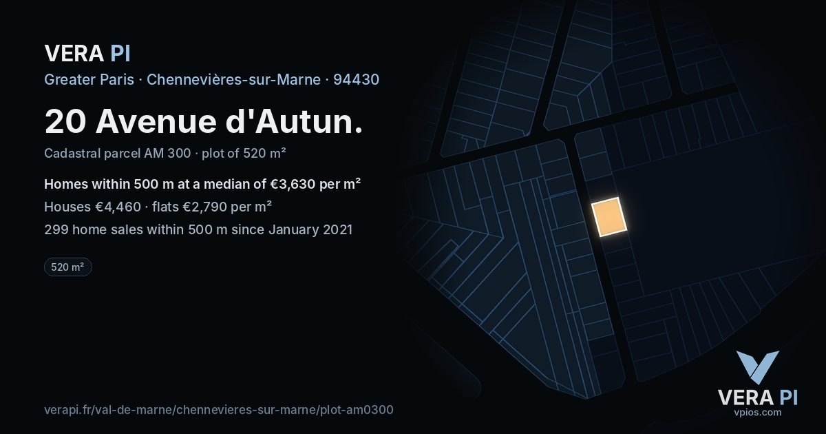 20 Avenue d'Autun, Chennevières-sur-Marne at night – the plot lit, the parcels around coloured by the prices near them