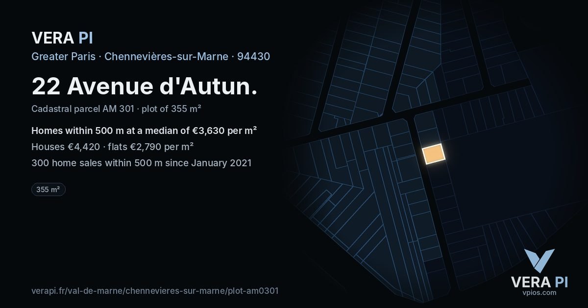 22 Avenue d'Autun, Chennevières-sur-Marne at night – the plot lit, the parcels around coloured by the prices near them