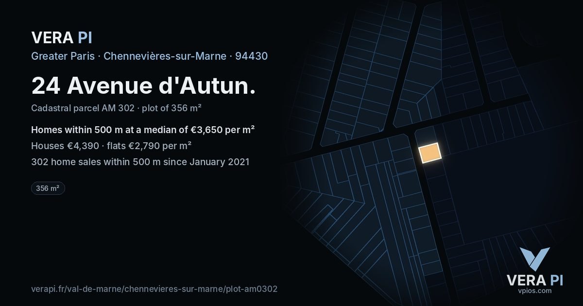 24 Avenue d'Autun, Chennevières-sur-Marne at night – the plot lit, the parcels around coloured by the prices near them