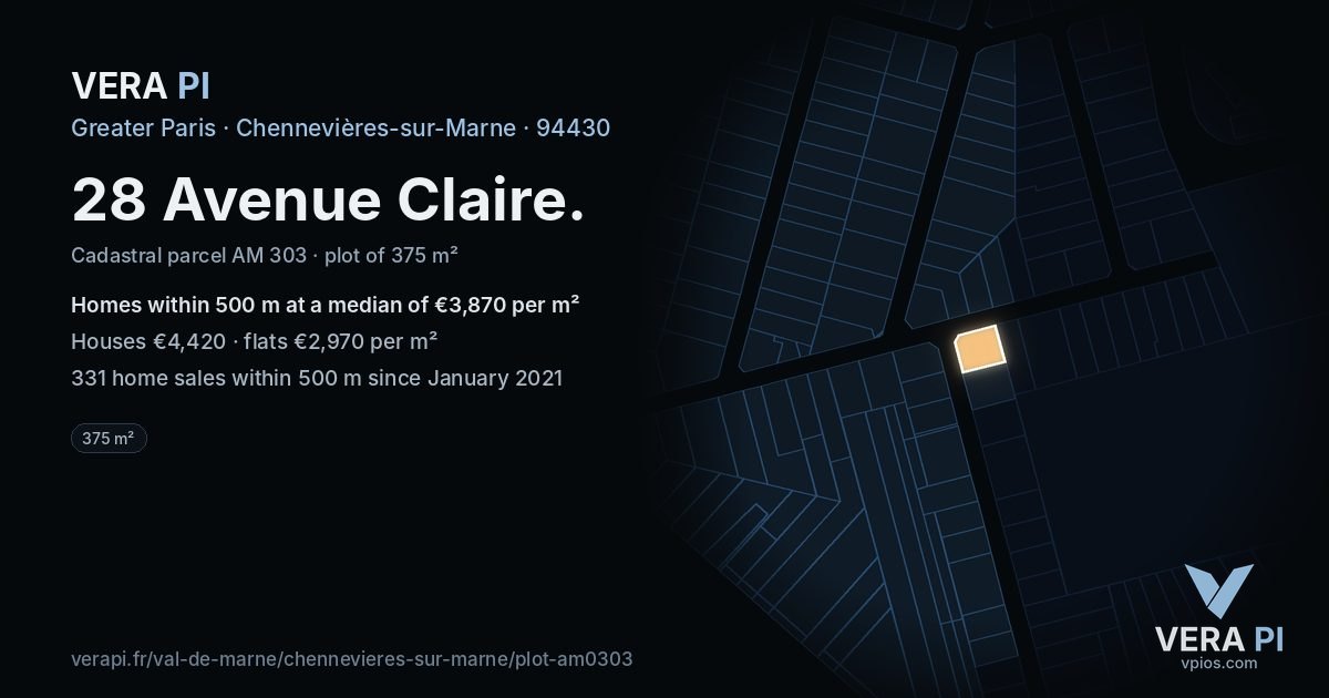 28 Avenue Claire, Chennevières-sur-Marne at night – the plot lit, the parcels around coloured by the prices near them
