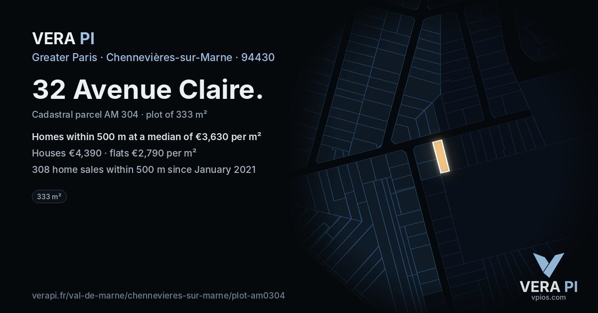 32 Avenue Claire, Chennevières-sur-Marne at night – the plot lit, the parcels around coloured by the prices near them