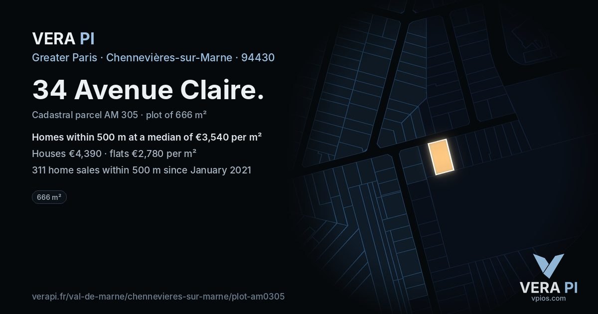 34 Avenue Claire, Chennevières-sur-Marne at night – the plot lit, the parcels around coloured by the prices near them