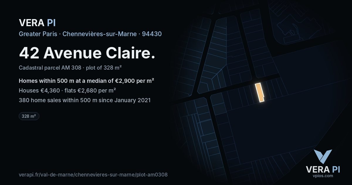 42 Avenue Claire, Chennevières-sur-Marne at night – the plot lit, the parcels around coloured by the prices near them