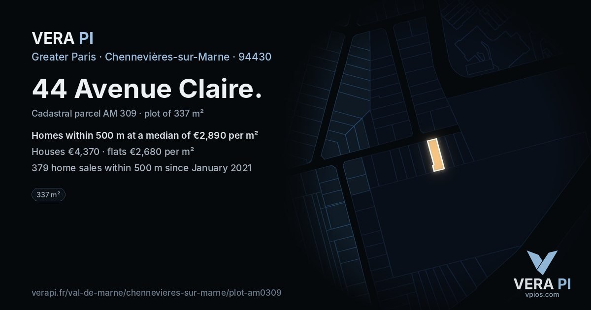 44 Avenue Claire, Chennevières-sur-Marne at night – the plot lit, the parcels around coloured by the prices near them
