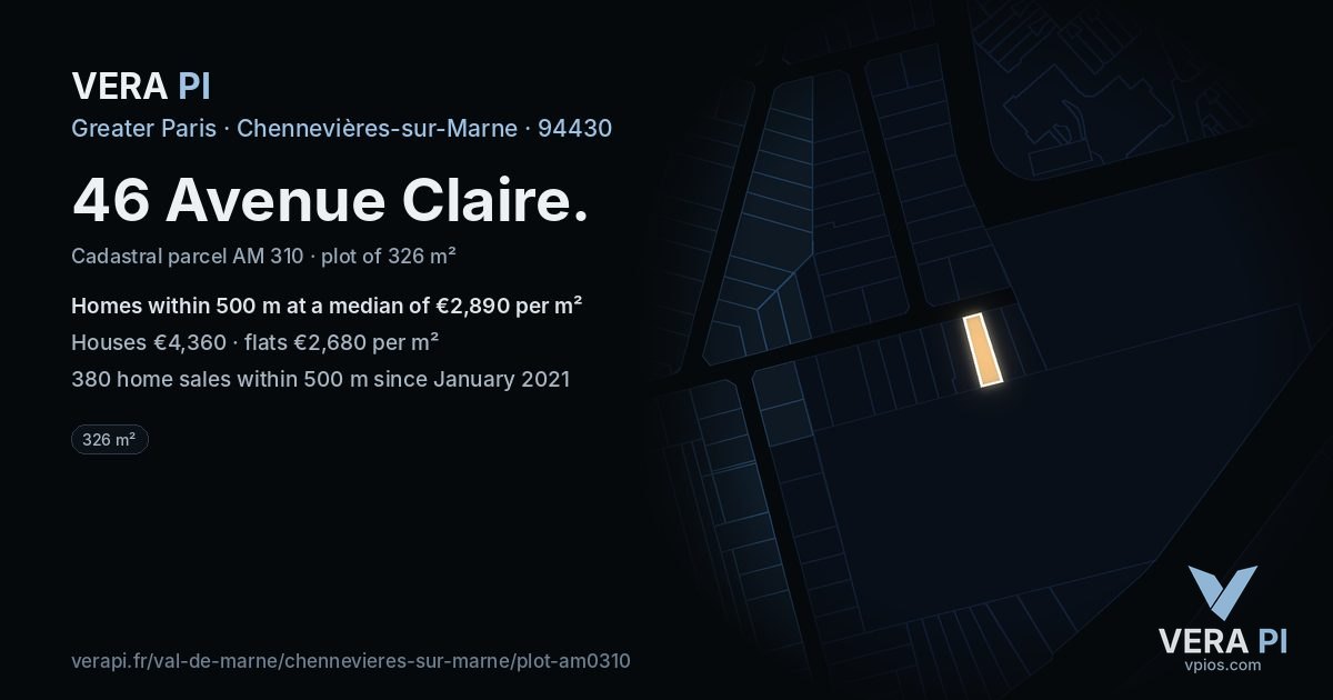 46 Avenue Claire, Chennevières-sur-Marne at night – the plot lit, the parcels around coloured by the prices near them
