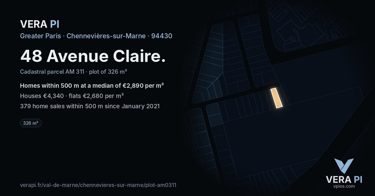 48 Avenue Claire, Chennevières-sur-Marne at night – the plot lit, the parcels around coloured by the prices near them