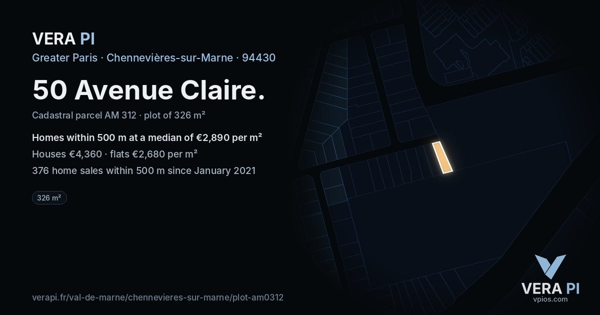 50 Avenue Claire, Chennevières-sur-Marne at night – the plot lit, the parcels around coloured by the prices near them