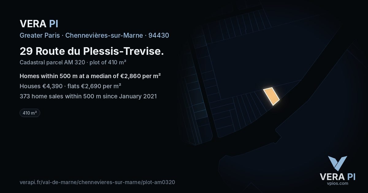 29 Route du Plessis-Trevise, Chennevières-sur-Marne at night – the plot lit, the parcels around coloured by the prices near them