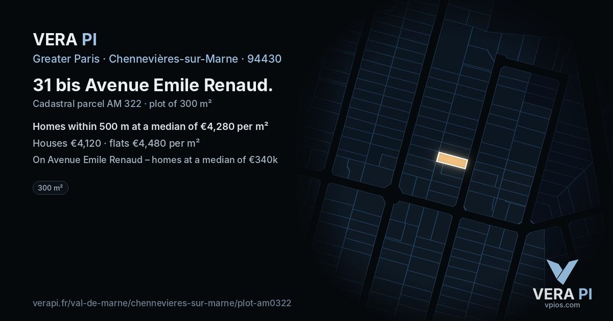 31 bis Avenue Emile Renaud, Chennevières-sur-Marne at night – the plot lit, the parcels around coloured by the prices near them