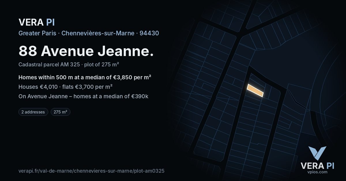 88 Avenue Jeanne, Chennevières-sur-Marne at night – the plot lit, the parcels around coloured by the prices near them