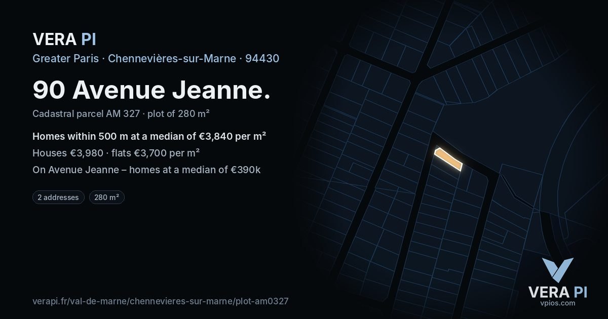 90 Avenue Jeanne, Chennevières-sur-Marne at night – the plot lit, the parcels around coloured by the prices near them