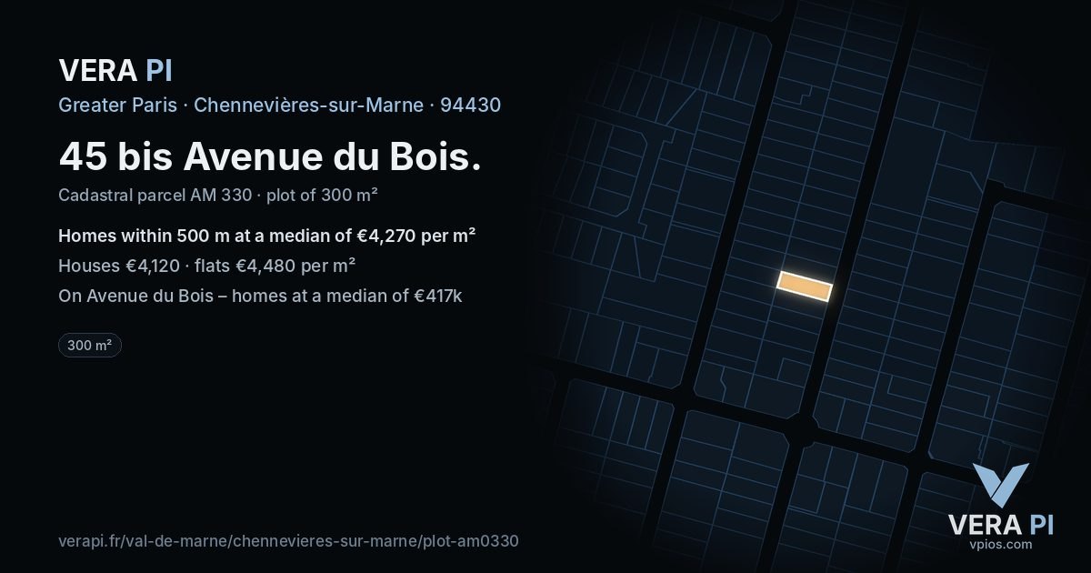 45 bis Avenue du Bois, Chennevières-sur-Marne at night – the plot lit, the parcels around coloured by the prices near them