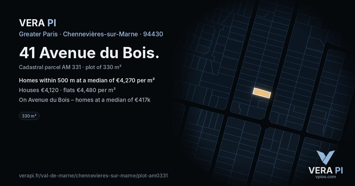 41 Avenue du Bois, Chennevières-sur-Marne at night – the plot lit, the parcels around coloured by the prices near them