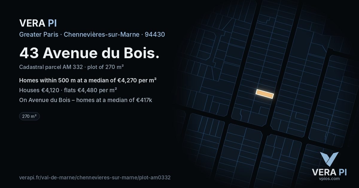43 Avenue du Bois, Chennevières-sur-Marne at night – the plot lit, the parcels around coloured by the prices near them