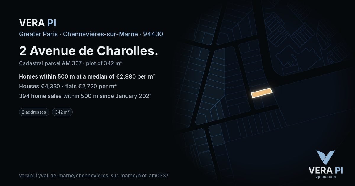 2 Avenue de Charolles, Chennevières-sur-Marne at night – the plot lit, the parcels around coloured by the prices near them