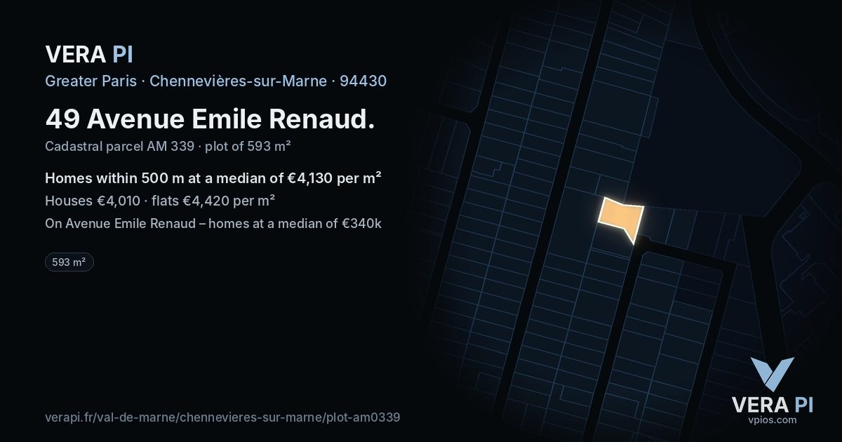 49 Avenue Emile Renaud, Chennevières-sur-Marne at night – the plot lit, the parcels around coloured by the prices near them