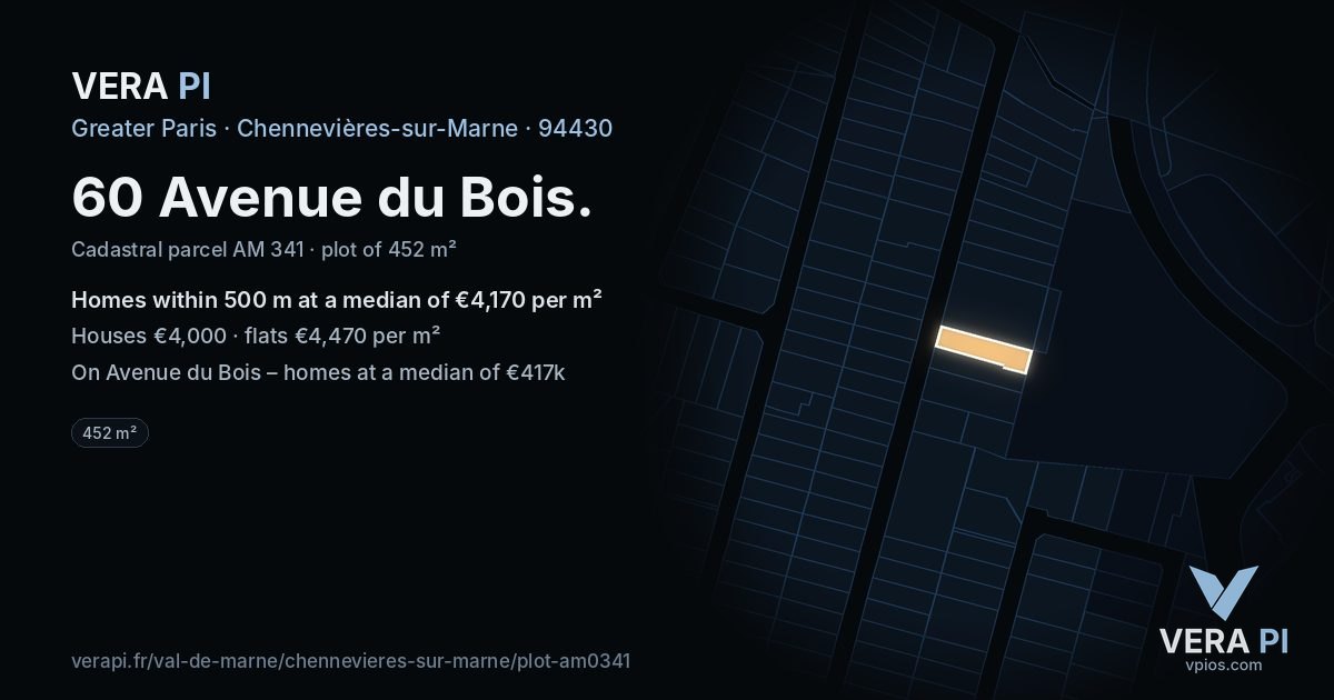 60 Avenue du Bois, Chennevières-sur-Marne at night – the plot lit, the parcels around coloured by the prices near them