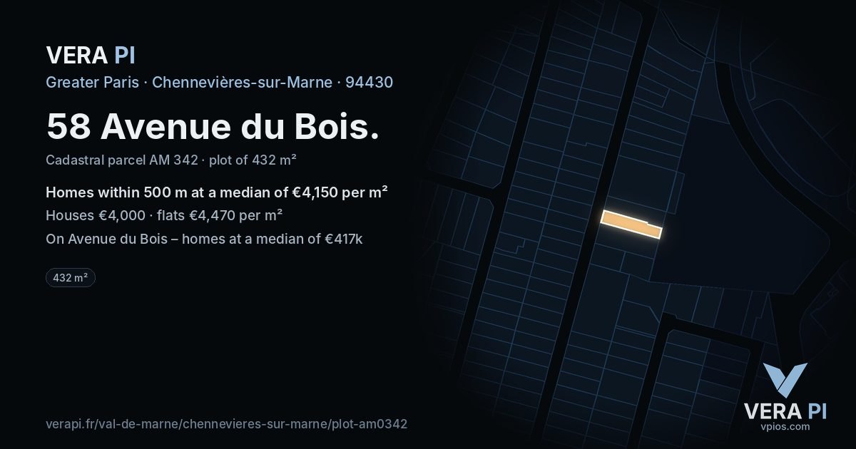 58 Avenue du Bois, Chennevières-sur-Marne at night – the plot lit, the parcels around coloured by the prices near them