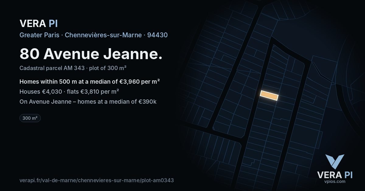 80 Avenue Jeanne, Chennevières-sur-Marne at night – the plot lit, the parcels around coloured by the prices near them