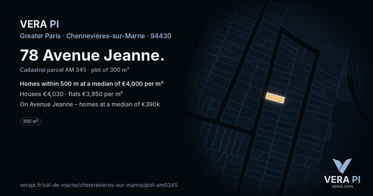 78 Avenue Jeanne, Chennevières-sur-Marne at night – the plot lit, the parcels around coloured by the prices near them