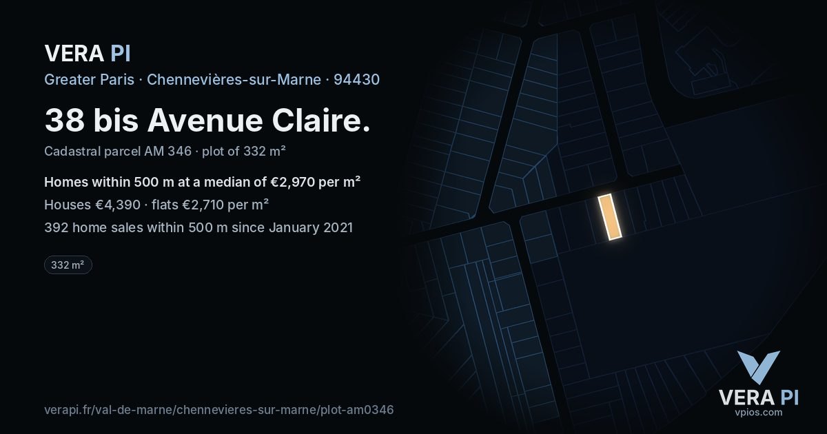 38 bis Avenue Claire, Chennevières-sur-Marne at night – the plot lit, the parcels around coloured by the prices near them