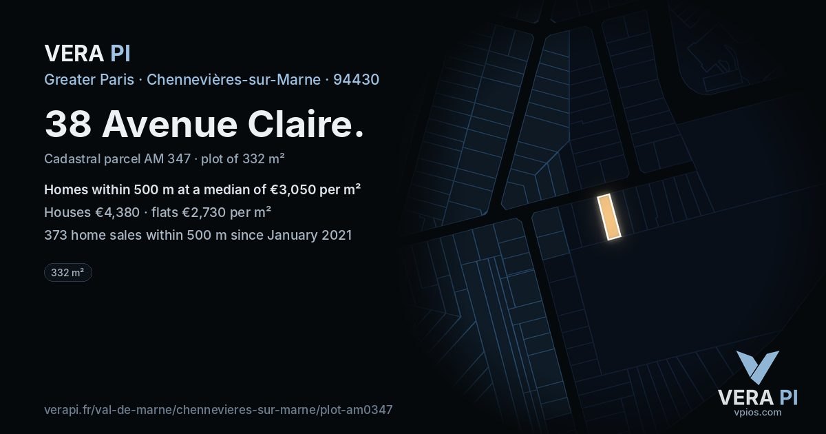 38 Avenue Claire, Chennevières-sur-Marne at night – the plot lit, the parcels around coloured by the prices near them