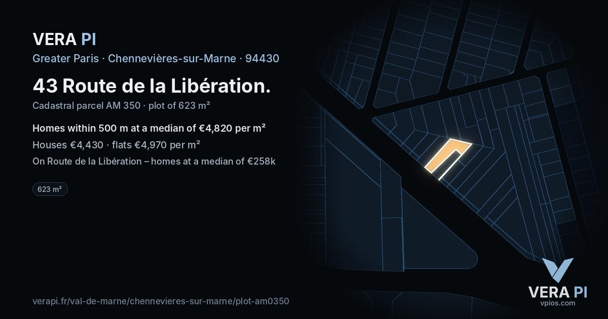 43 Route de la Libération, Chennevières-sur-Marne at night – the plot lit, the parcels around coloured by the prices near them
