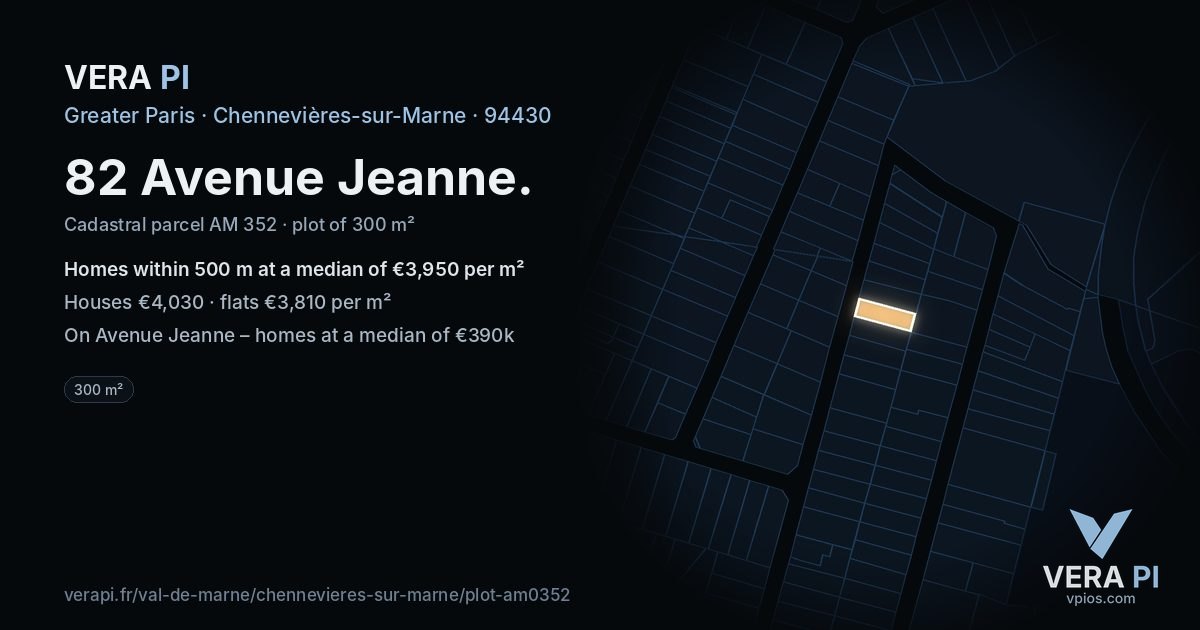 82 Avenue Jeanne, Chennevières-sur-Marne at night – the plot lit, the parcels around coloured by the prices near them