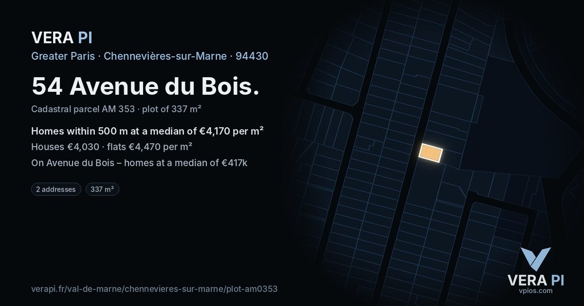 54 Avenue du Bois, Chennevières-sur-Marne at night – the plot lit, the parcels around coloured by the prices near them