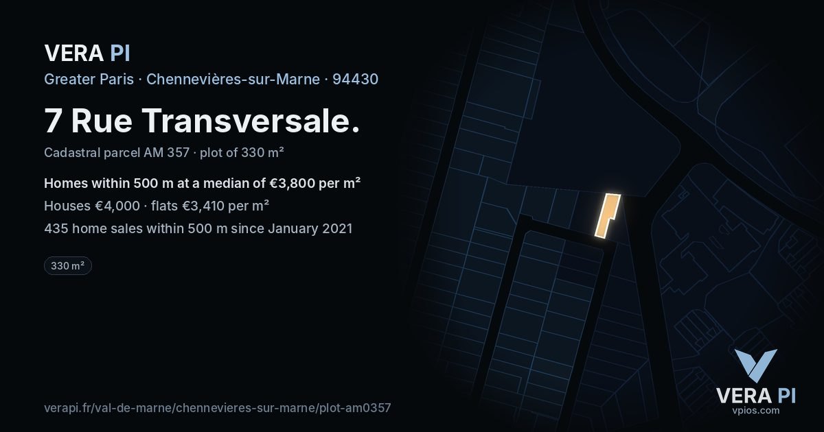 7 Rue Transversale, Chennevières-sur-Marne at night – the plot lit, the parcels around coloured by the prices near them