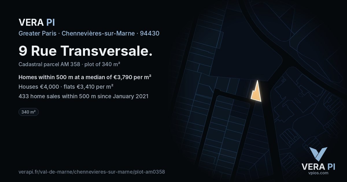 9 Rue Transversale, Chennevières-sur-Marne at night – the plot lit, the parcels around coloured by the prices near them