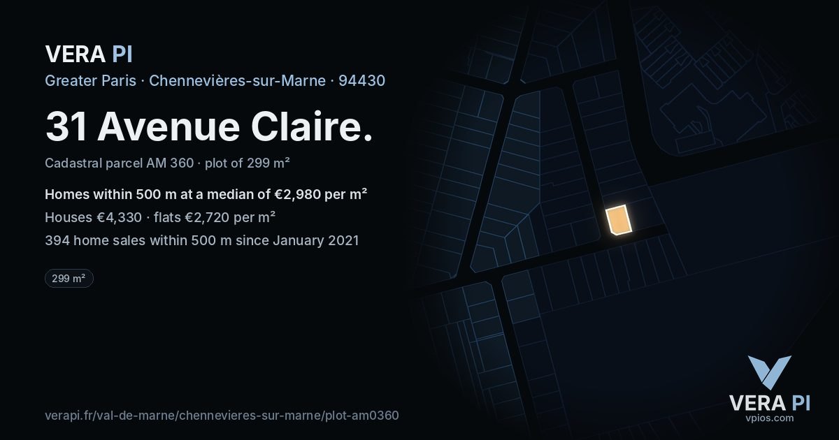 31 Avenue Claire, Chennevières-sur-Marne at night – the plot lit, the parcels around coloured by the prices near them