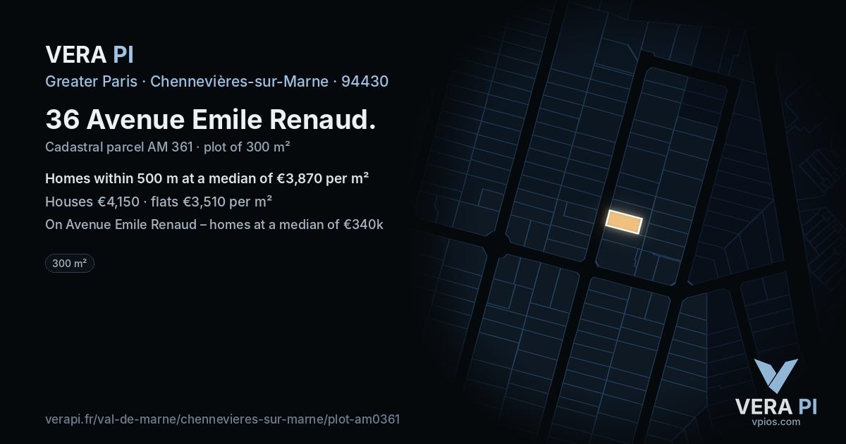 36 Avenue Emile Renaud, Chennevières-sur-Marne at night – the plot lit, the parcels around coloured by the prices near them