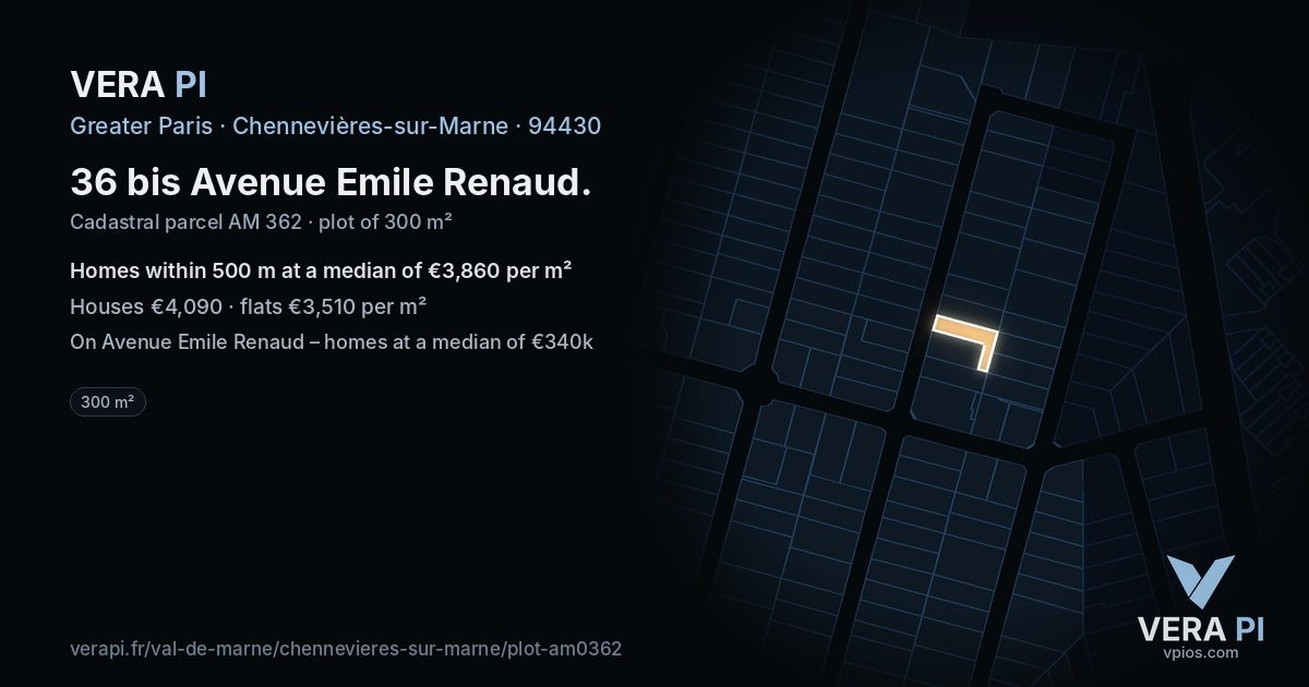 36 bis Avenue Emile Renaud, Chennevières-sur-Marne at night – the plot lit, the parcels around coloured by the prices near them