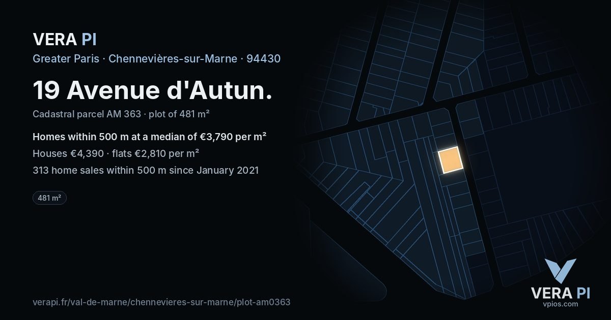 19 Avenue d'Autun, Chennevières-sur-Marne at night – the plot lit, the parcels around coloured by the prices near them