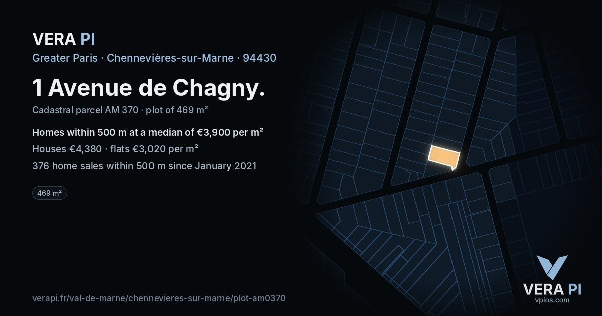 1 Avenue de Chagny, Chennevières-sur-Marne at night – the plot lit, the parcels around coloured by the prices near them