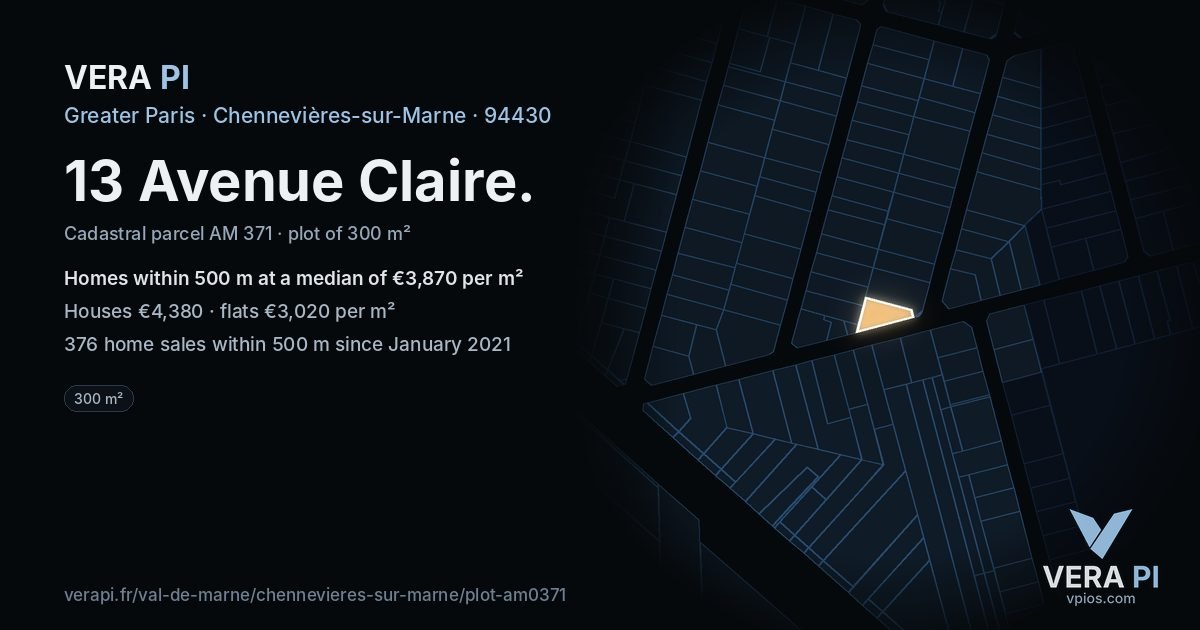 13 Avenue Claire, Chennevières-sur-Marne at night – the plot lit, the parcels around coloured by the prices near them
