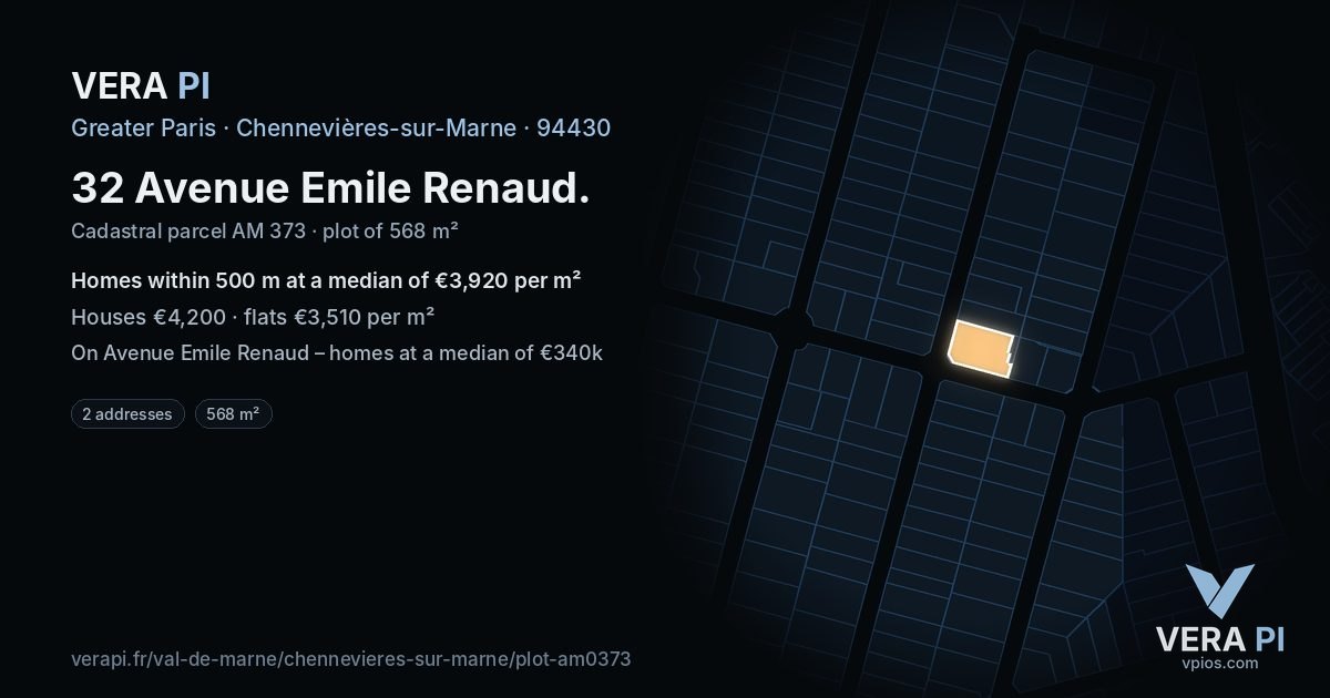 32 Avenue Emile Renaud, Chennevières-sur-Marne at night – the plot lit, the parcels around coloured by the prices near them