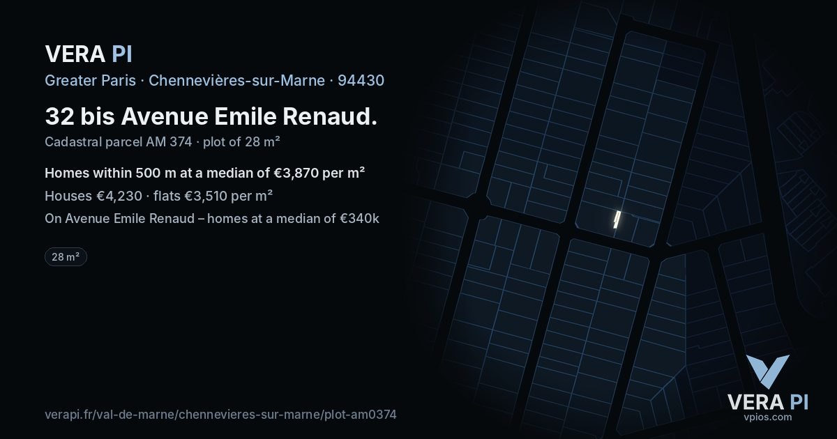 32 bis Avenue Emile Renaud, Chennevières-sur-Marne at night – the plot lit, the parcels around coloured by the prices near them