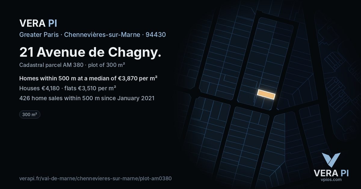 21 Avenue de Chagny, Chennevières-sur-Marne at night – the plot lit, the parcels around coloured by the prices near them