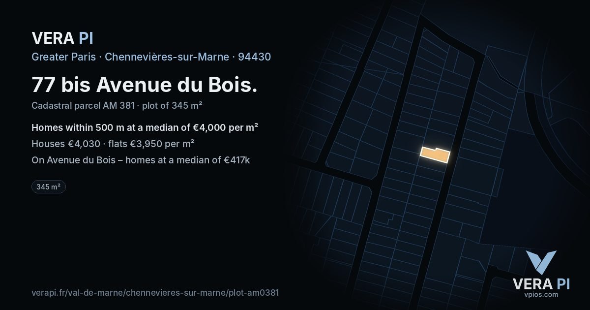 77 bis Avenue du Bois, Chennevières-sur-Marne at night – the plot lit, the parcels around coloured by the prices near them
