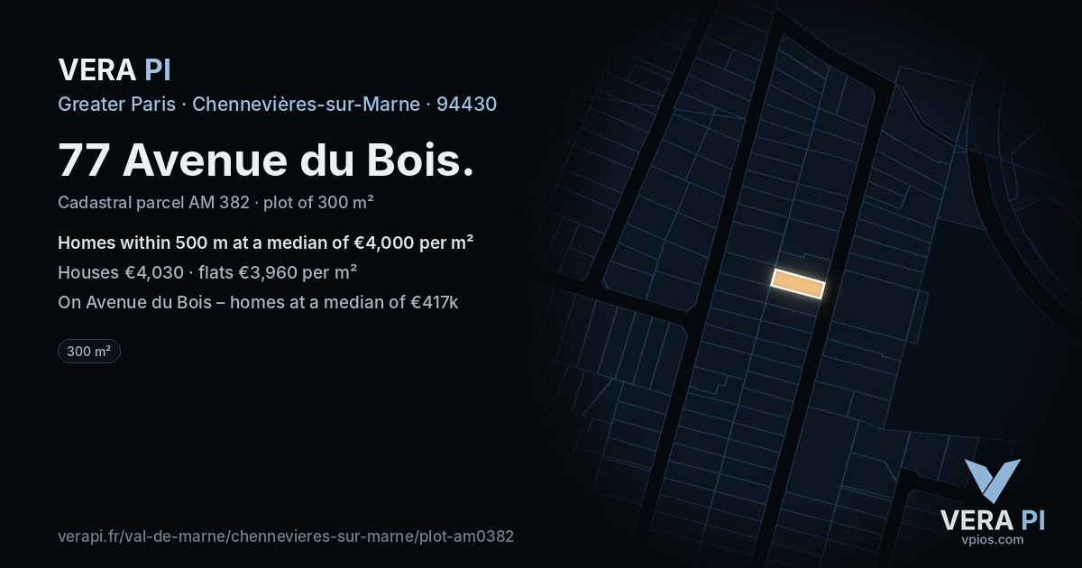 77 Avenue du Bois, Chennevières-sur-Marne at night – the plot lit, the parcels around coloured by the prices near them