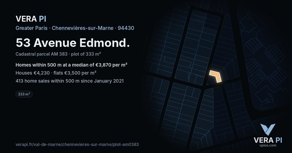 53 Avenue Edmond, Chennevières-sur-Marne at night – the plot lit, the parcels around coloured by the prices near them