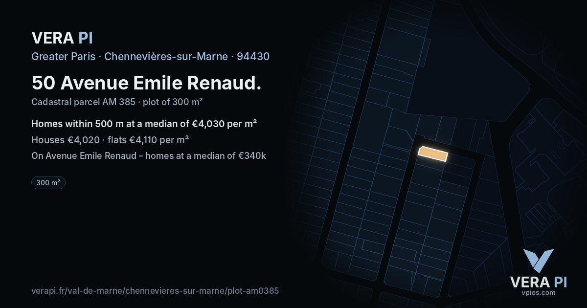 50 Avenue Emile Renaud, Chennevières-sur-Marne at night – the plot lit, the parcels around coloured by the prices near them