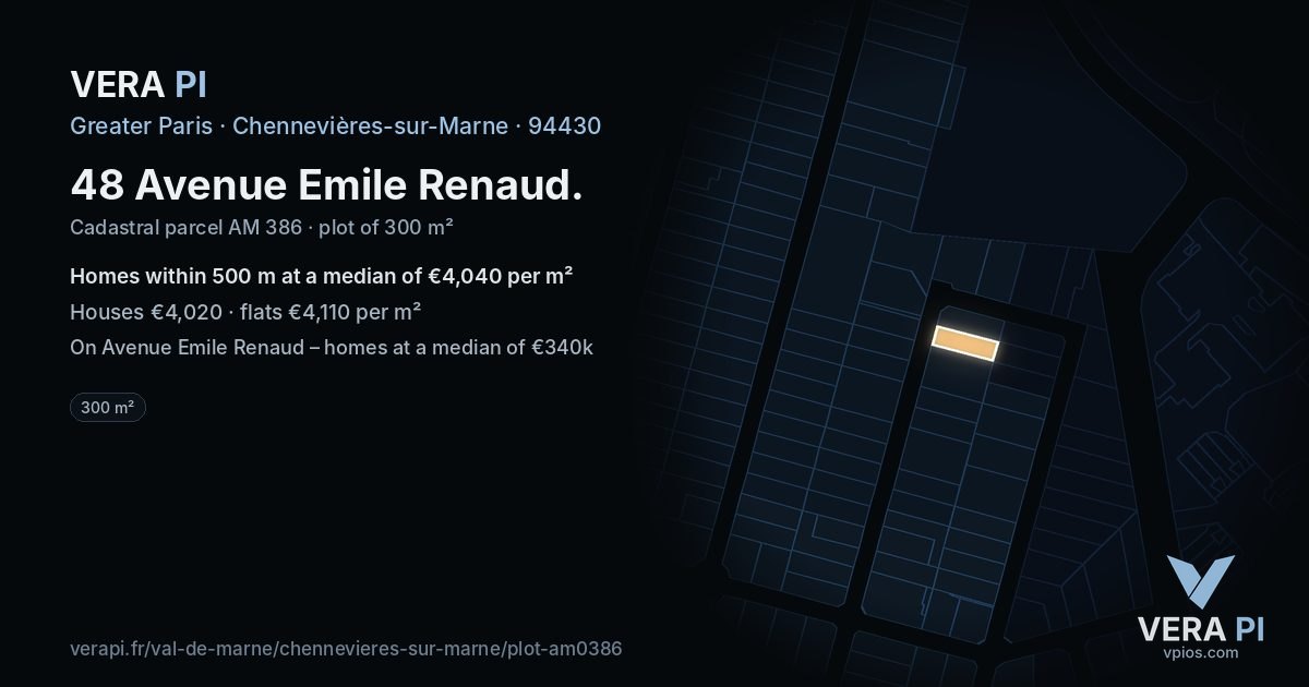48 Avenue Emile Renaud, Chennevières-sur-Marne at night – the plot lit, the parcels around coloured by the prices near them