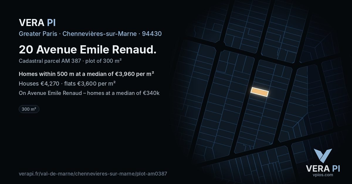 20 Avenue Emile Renaud, Chennevières-sur-Marne at night – the plot lit, the parcels around coloured by the prices near them