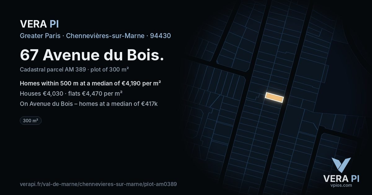 67 Avenue du Bois, Chennevières-sur-Marne at night – the plot lit, the parcels around coloured by the prices near them